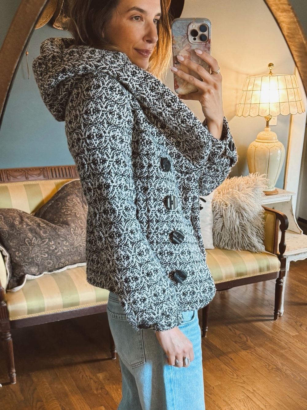 BDG Black & White Textured wool blend fairytale Hood jacket Coat Sz small